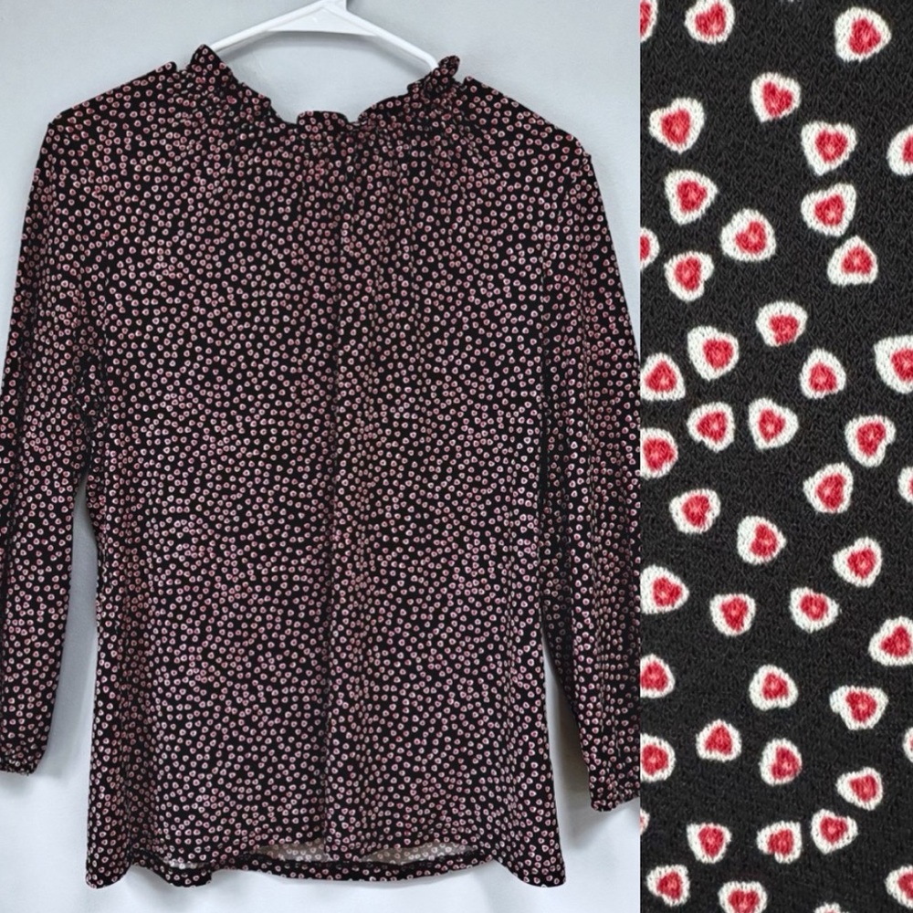Adrianna Papell Black & Pink Heart Print Blouse Ruffle Neck 3/4 Sleeve Office M